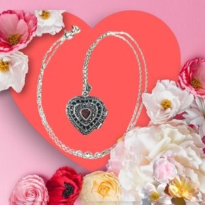 Dee Berkley Pure 925 Sterling Heart Locket Necklace Garnet Marcasite